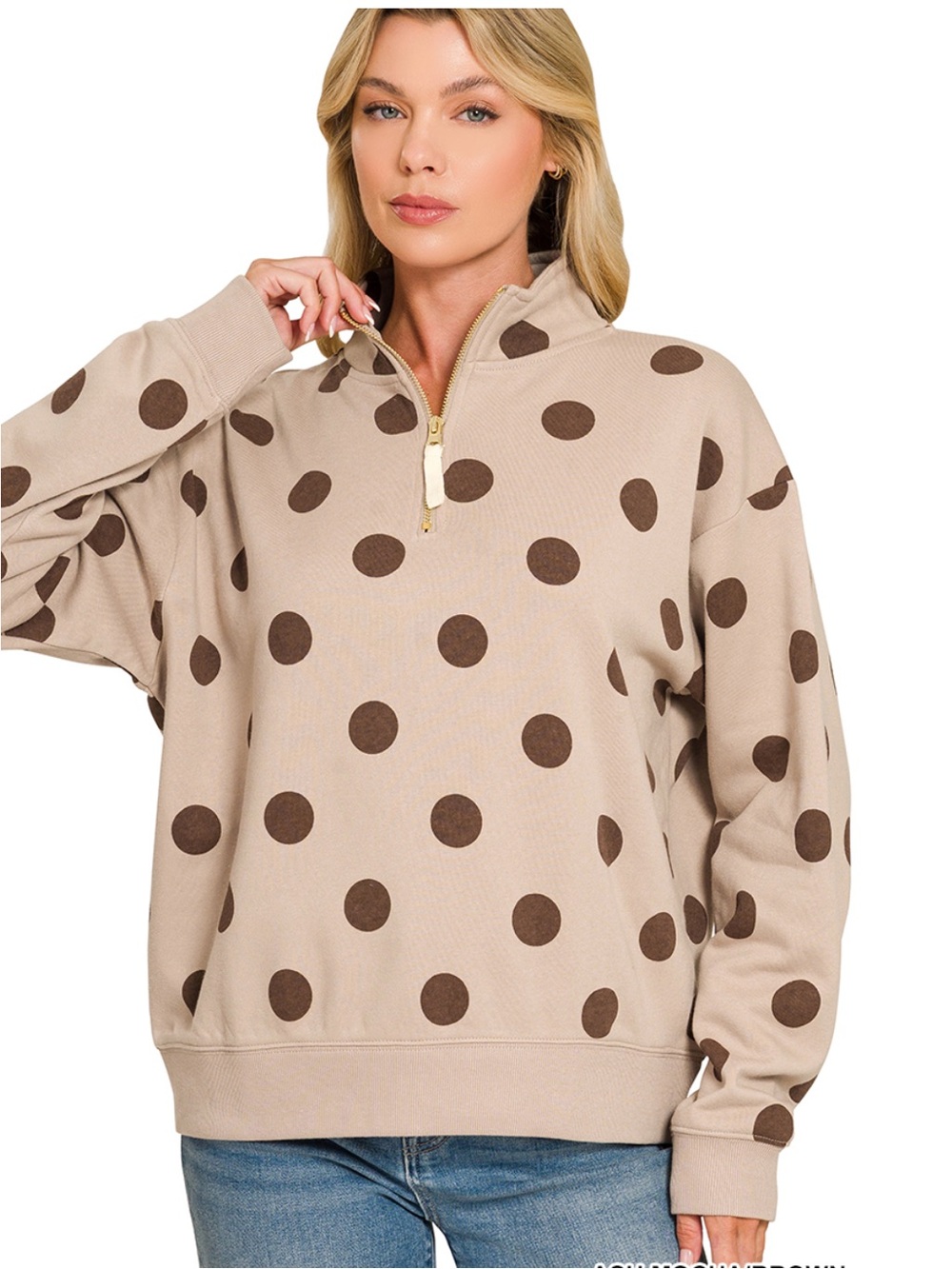 💕Coming Soon! Polka Dot Half-Zip Fleece Pullover - Ash Mocha/Brown